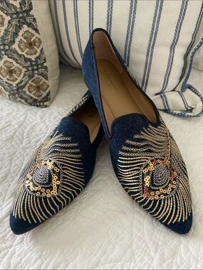 NWOT Chico's Peacock Navy Denim Embroidered Pointed-Toe Sequined Flats Size 9